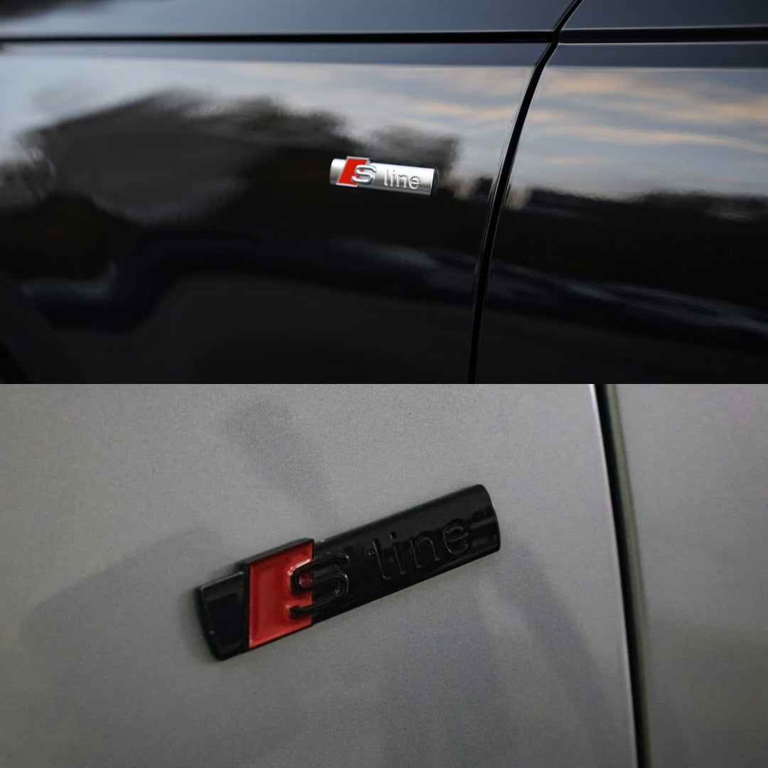 Audi S Line emblemos skirtos sparnams arba bagažinei juodos arba sidabrinės chrominės spalvos pavyzdys ant mašinos